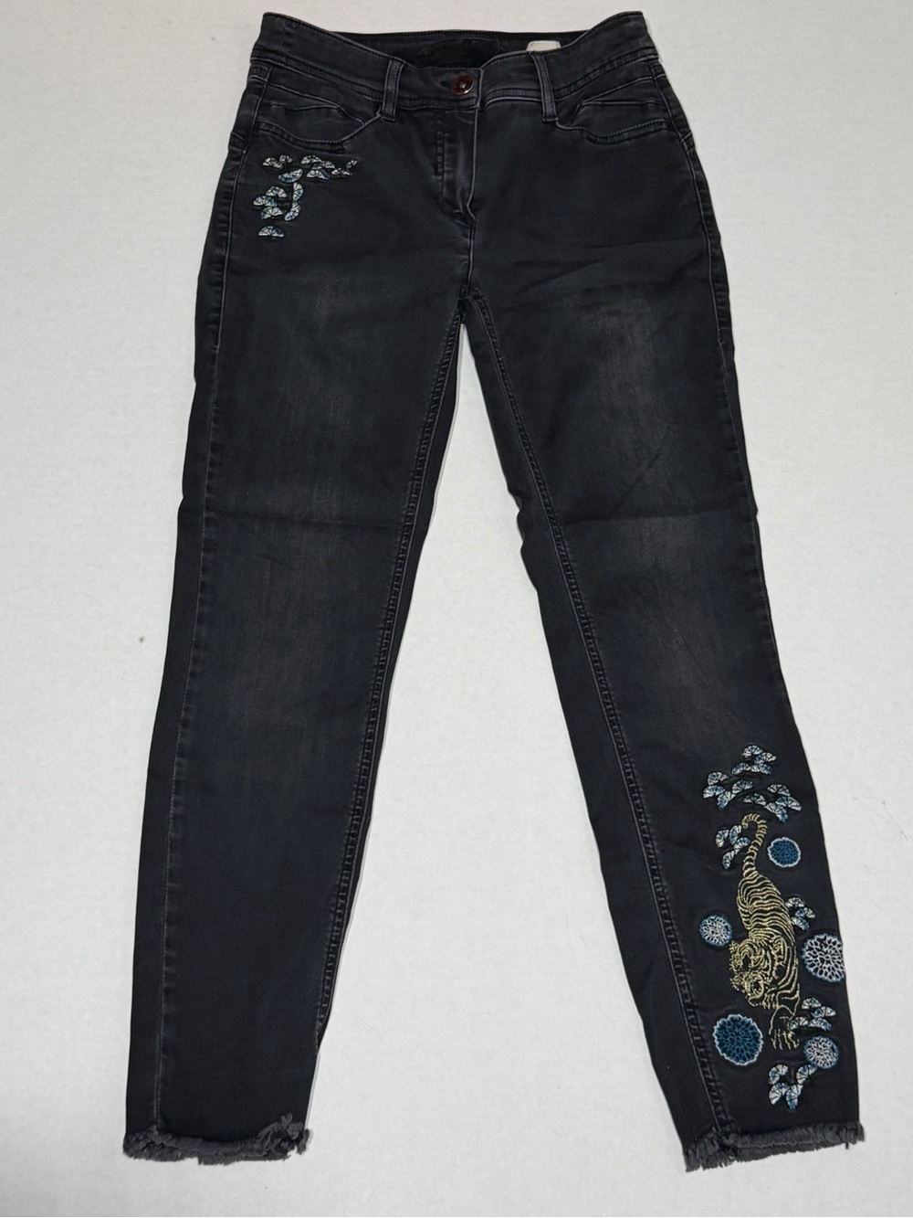 Women's Black Skinny Jeans with Embroidered Tiger Detail